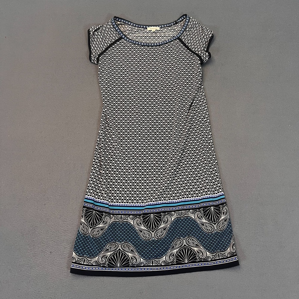 Max Studio Womens XS Black Blue White Geometric Cap Sleeve Shift Tunic Dress